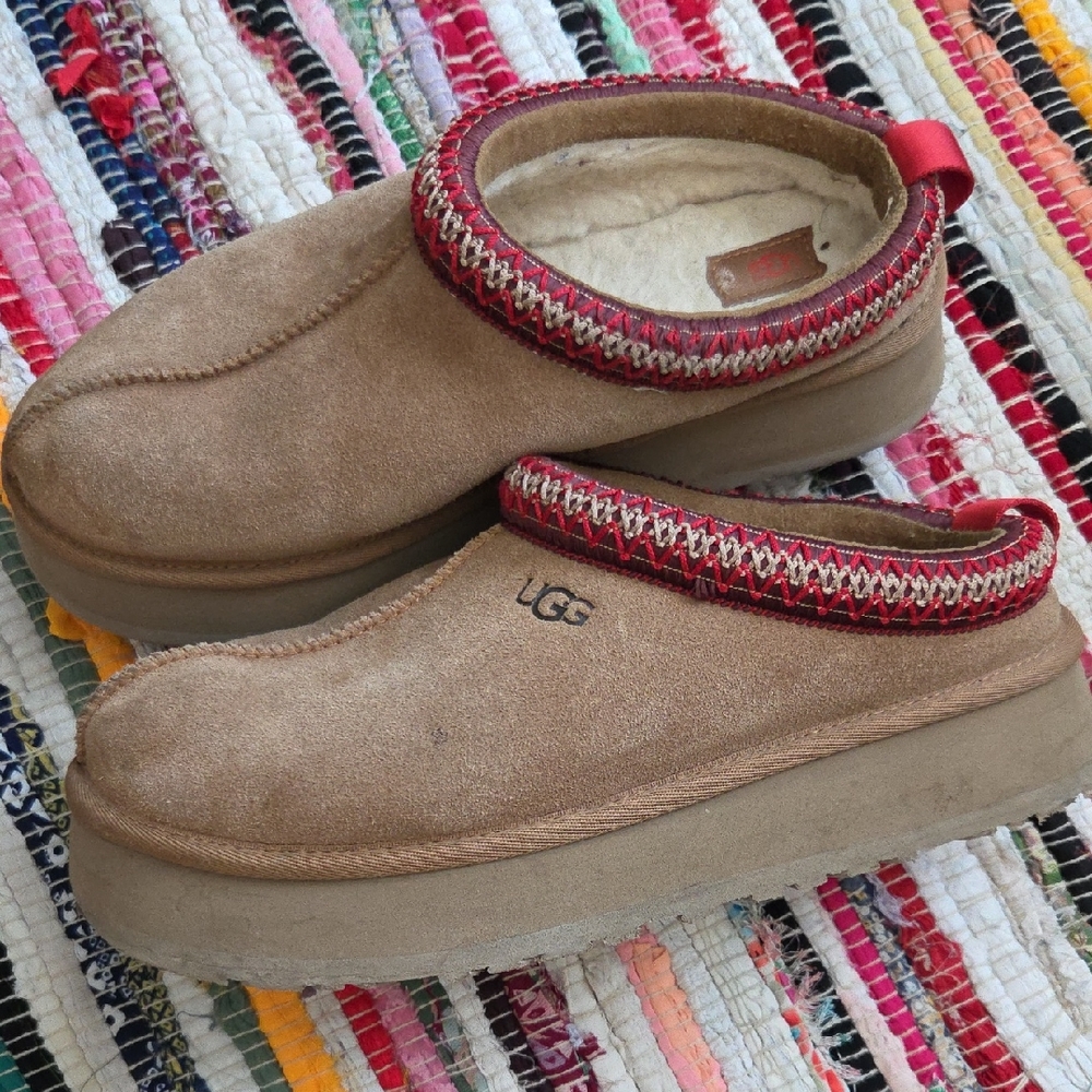 UGG Tan Suede Clogs with Red Patterned Trim
